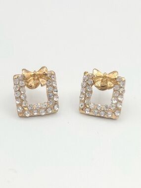 Gold Tone Rhinestone Square Stud Earrings with Bow Accent